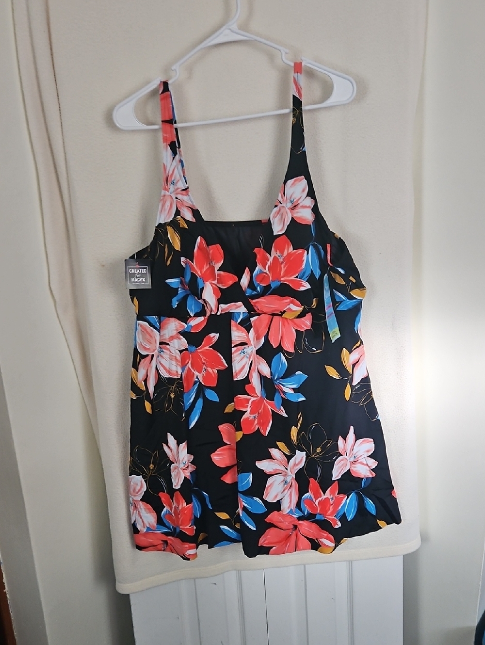 Swim Solutions Black Floral Swim Top with Coral, Blue & Gold Accents